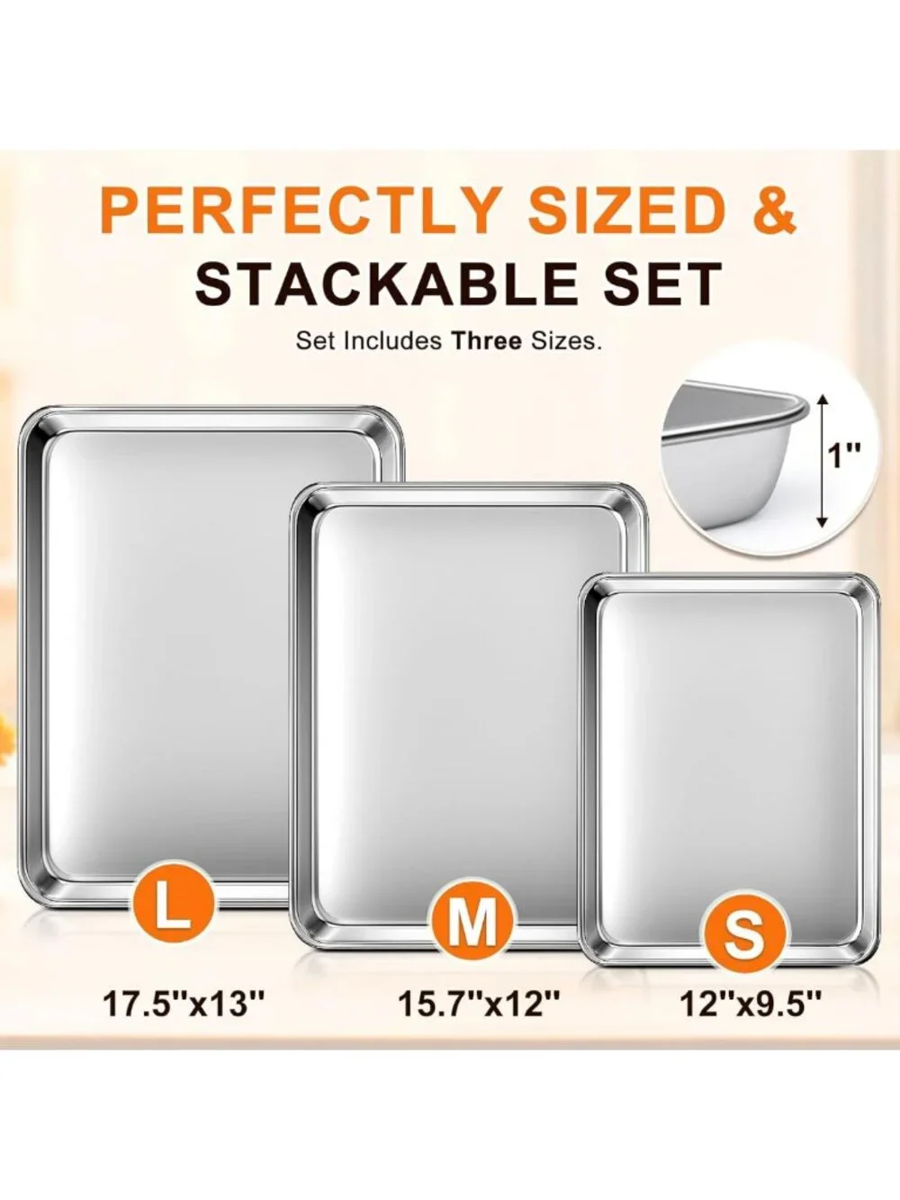 3-Piece Stainless Steel Baking Sheet Set - Heavy Duty, Nonstick, Rust Resistant